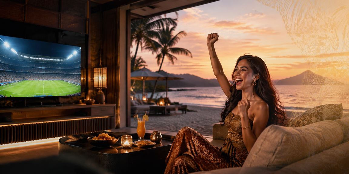 Pemain menikmati bonus VIP di tepi pantai sambil mengakses platform liattogel